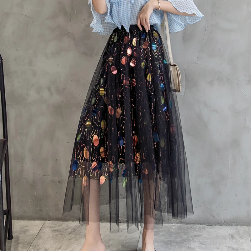 

Spring Summer Sequined Maxi Long Skirts Women Dotted Colorful Sequins Pleated Metallic A-line Long Skirts Black Pink