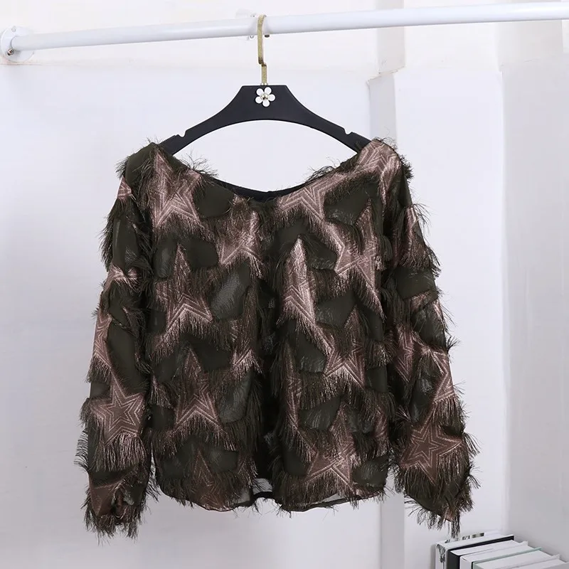 Spring Women Fashion Shirt Elegant Faux Feathers V Neck Tassel Blouses