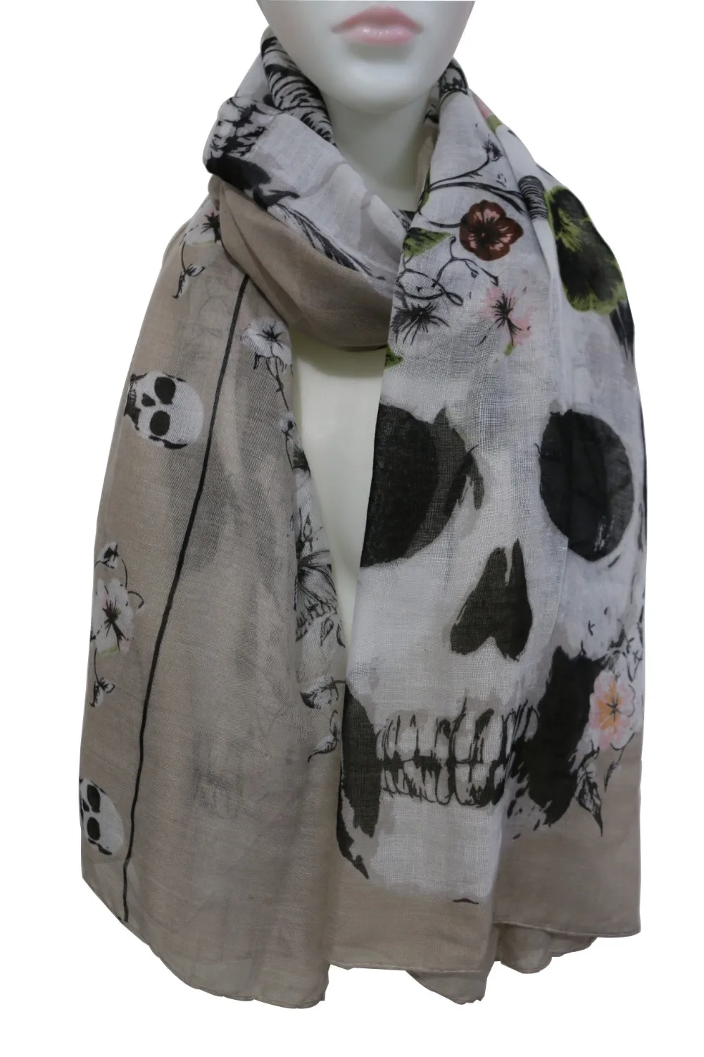 

WINFOX 2019 New Fashionable Punk Ladies White Black Skull Floral Print Long Scarves Shawls Wrap Womens