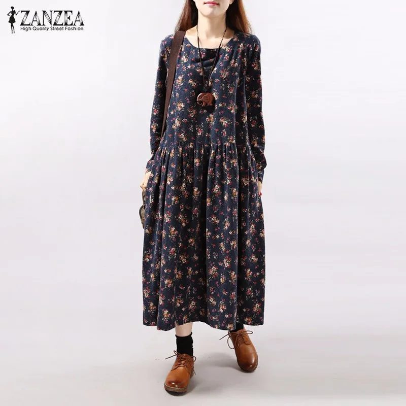 Dresses 2016 Autumn ZANZEA Women Vintage Floral Print Dress Long Sleeve O Neck Pockets Loose Casual
