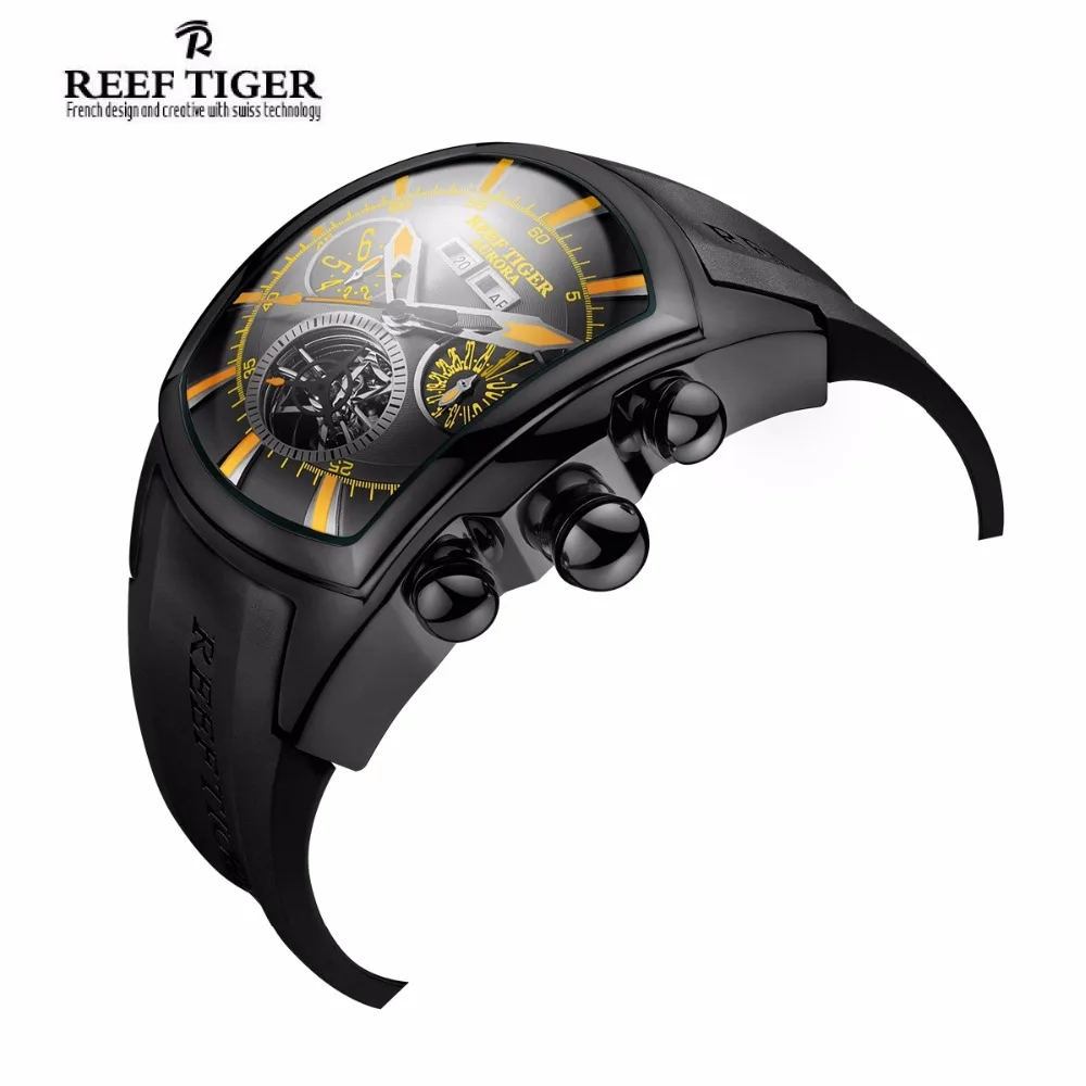 Бренд Reef Tiger повседневные спортивные часы для мужчин черный стальной резиновый