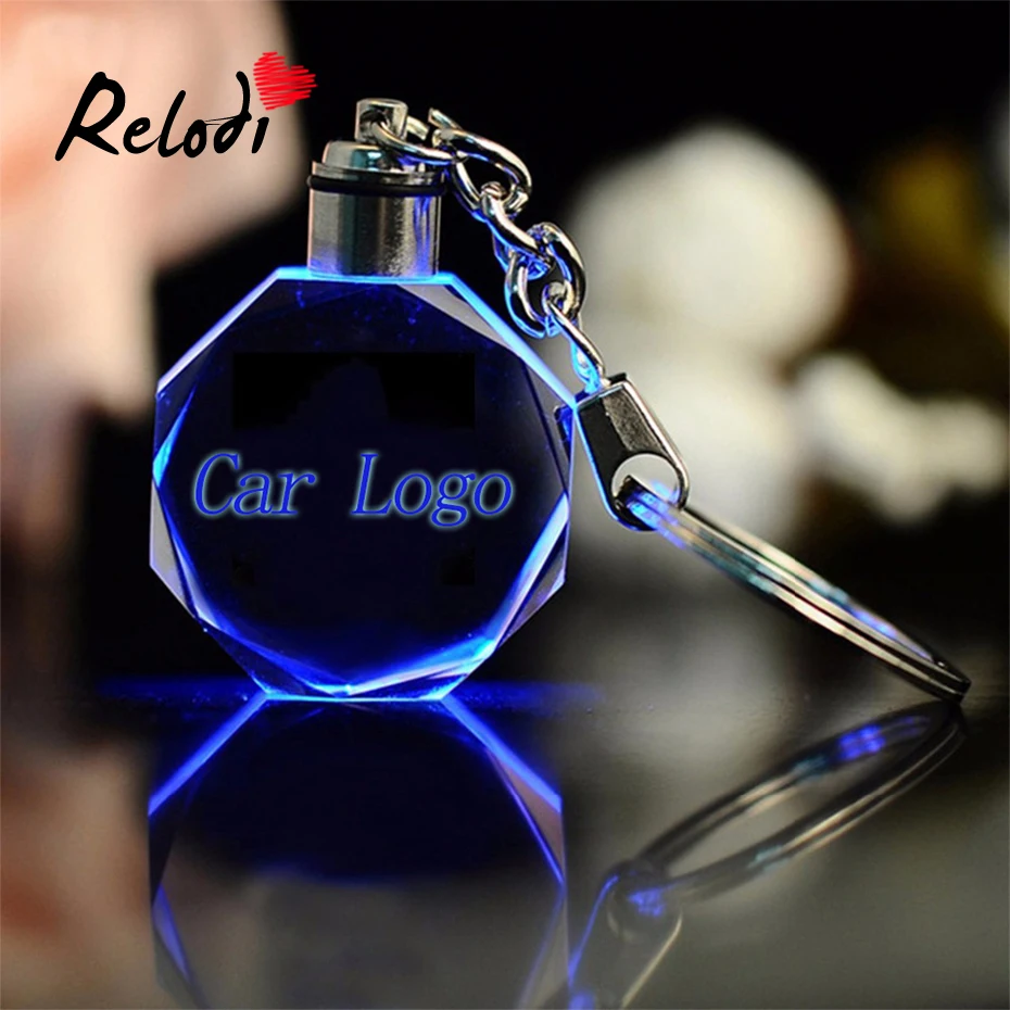 

Relodi Laser Engraved K9 Crystal Key Chains Colorful LED Light Car Logo Keychain Key Holder Key Ring CB0001