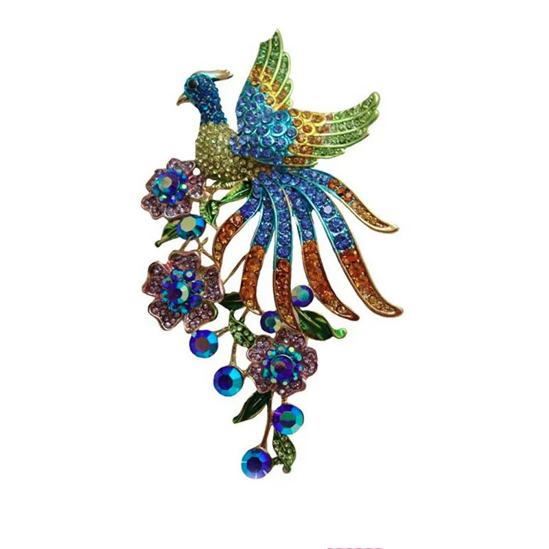 

30pcs/lot Fashion blue Colorful Peacock Brooch Pin with Purple Flower Crystal Pendant