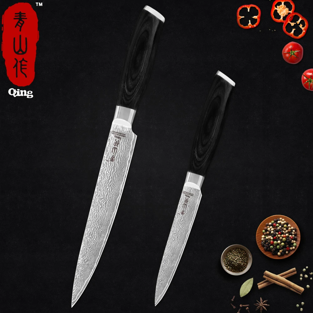 

QING 2PCS Chef Kitchen Knife Set Japan VG10 Damascus Steel Blade Slicing Utility Knives Color Wood Handle Kitchen Cooking Tools