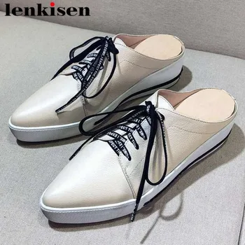 

Lenkisen genuine leather med bottom slip on mules pointed toe slingback casual shoes bowtie simple style vulcanized shoes L28