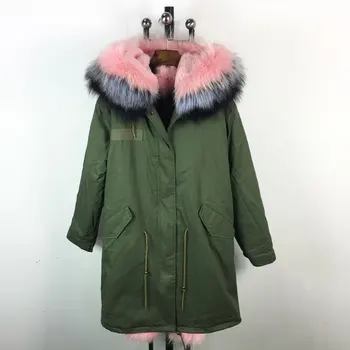 

2018 Winter Army Green Jacket With Pink fur colorful Cuff Hooded Parka Womens Long Windcoat