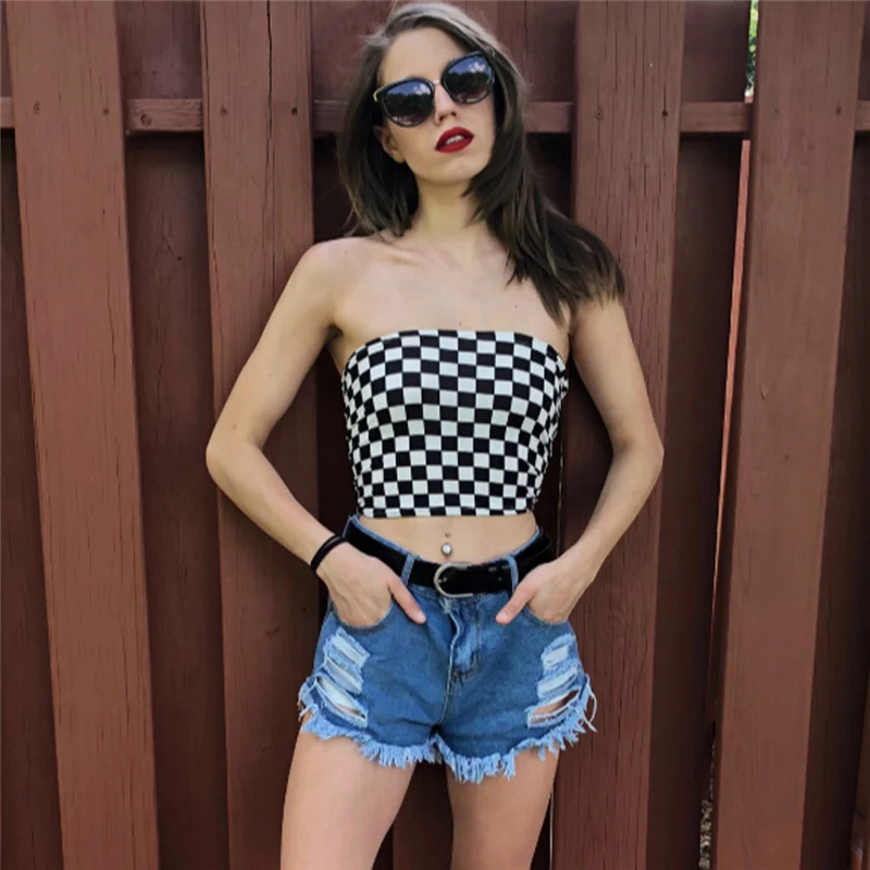 

Women Off Shoulder Boob Elastic Tube Tops Bra Blouse Strapless Bandeau Plaid Crop Top