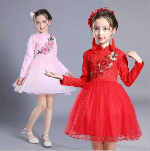 2018 New Chinese Traditional Embroidery Baby Girls Dress Net yarn Dress