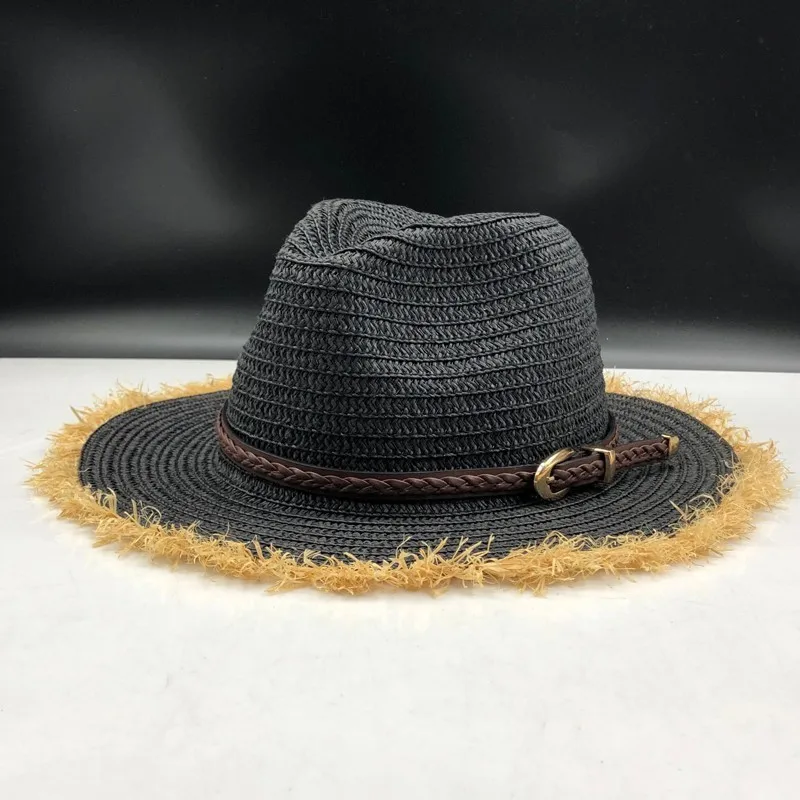Панама шляпа для девочек соломенные из пальмового волокна Федора мужской Для женщин Летняя Пляжная шляпа с козырьком Кепки вводной мягкая фетровая шляпа в джазовом стиле шляпа сомбреро - Цвет: Black Straw panama
