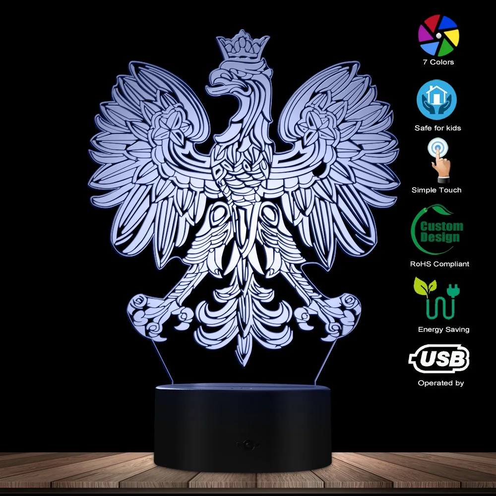 Польский герб Polska 3D Оптические иллюзии USB Light Home Decor Отечественной польский Орел Сокол СВЕТОДИОДНЫЙ Новинка стол ночника