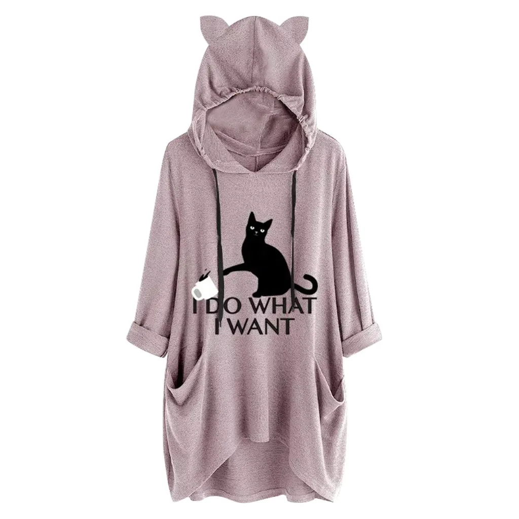 

Women Casual Lovely Print Cat Ear Hoodies Ladies Hooded Long Sleeves Pocket Irregular Top Sweatshirts Sudadera Mujer Oversized