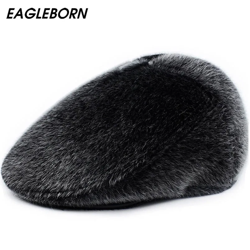 

2019 New Winter Beret Caps Unisex Mens Hats Fur Warm Beret with Ear Flaps Hat British Retro Men Women Woolen Flat Cap Boina Hat