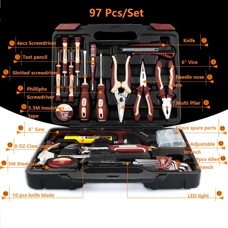 

97Pcs Household Tools Set Hardware Universal Electrician Maintenance Multi-functional Portable Hardware Tool Kits A Set of Keys