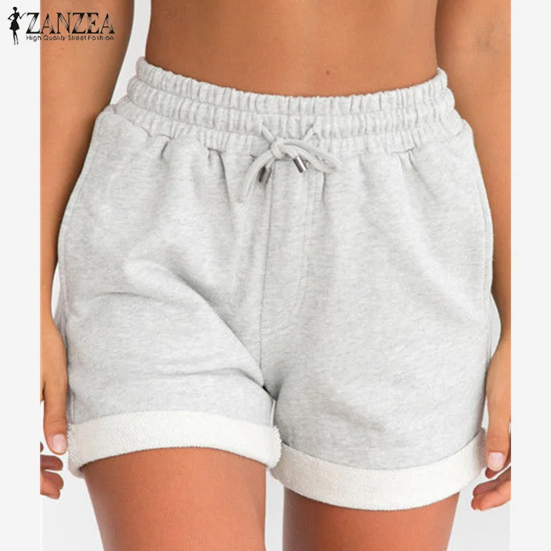 2019 ZANZEA для женщин шорты для летние эластичные шорты с высокой талией повседневное карманы пляжные праздничные брюки свободные