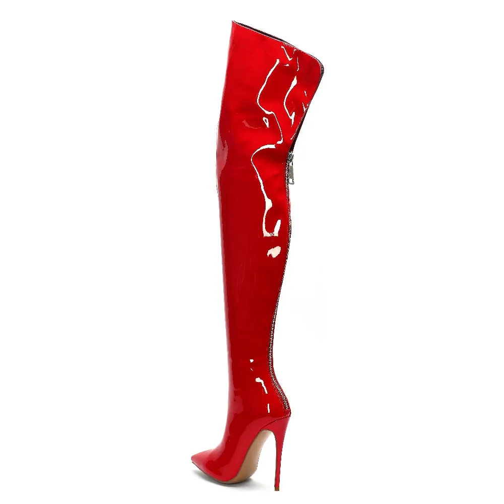Весна-Осень ; модные женские туфли с острым носком на шпильках пикантные элегантные женские сапоги выше колена на молнии; цвет белый, красный; 43