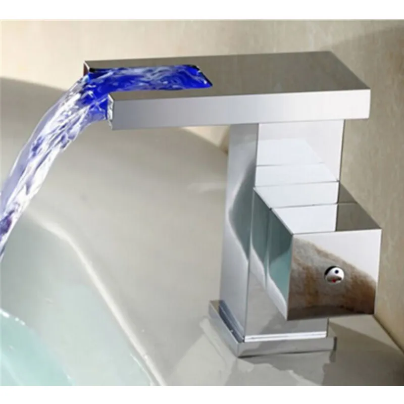 

LED Waterfall Bathroom Square Faucet Sink Basin Mixer Chrome Water Tap