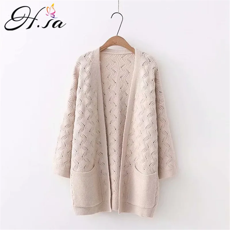 

H.SA Women Long Sweater Cardigans V neck Open Stitch Hollow Out Autumn Ponchoes White Elegant Cardigan Feminino Thick Chaqueta