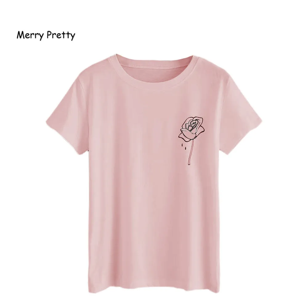 

Merry Pretty new women t shirt pink basic tee shirt femme ulzzang rose printed casual streetwear BF friends tops tumblr S-2XL