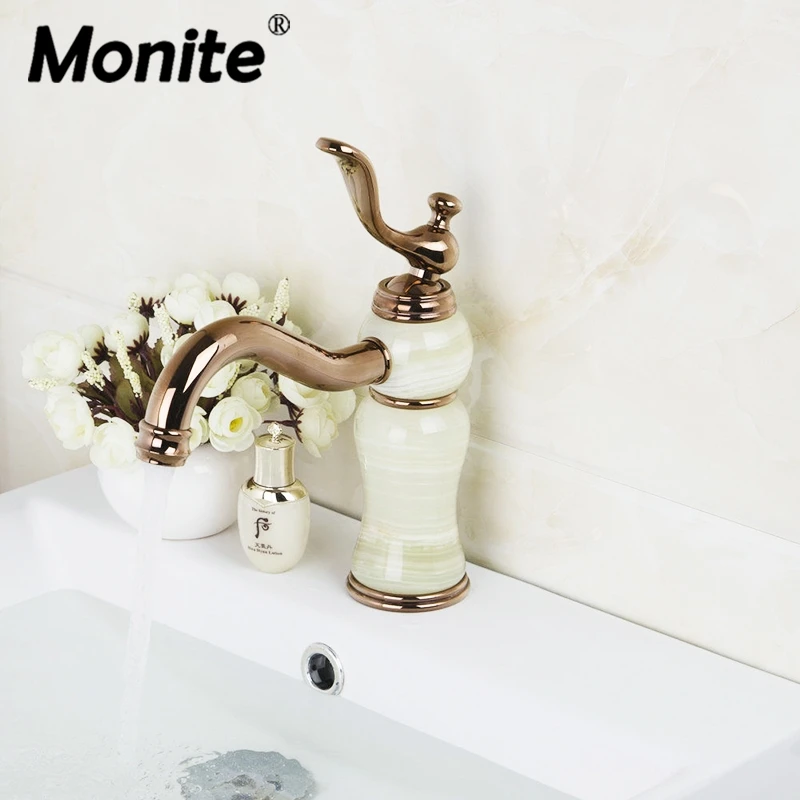 

Monite Golden Plate Solid Brass Jade Body Bathroom Marble Basin Faucet Lavatory Single Handle Gold Finish Basin Sink Mixers Taps