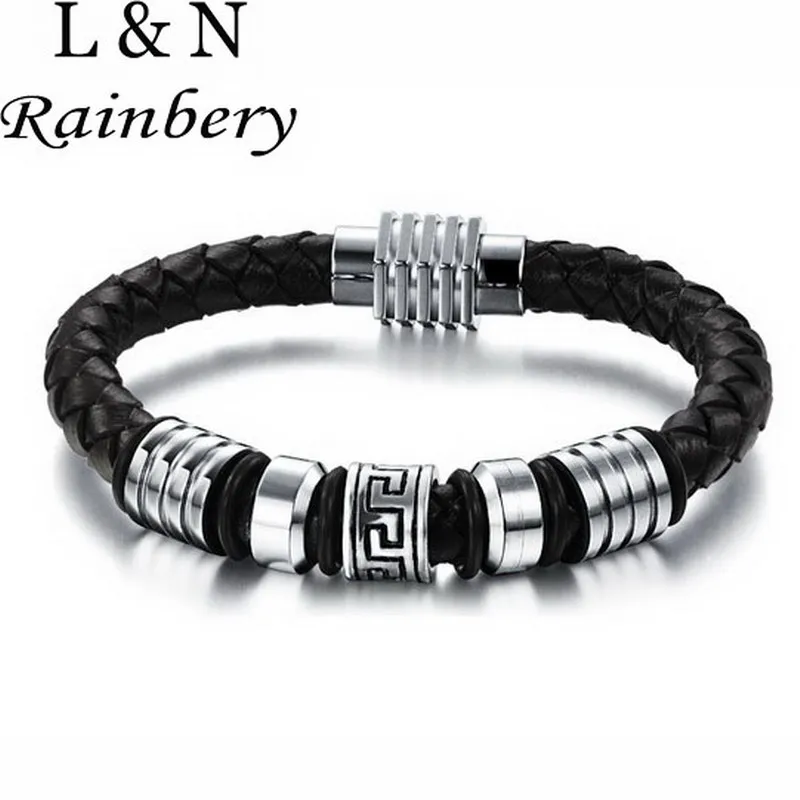 Rainbery New Arrival Charm Men Bracelet Fashion Trend Sstyle Accessories Stainless Steel Genuine Leather Bracelets Male Jewelry