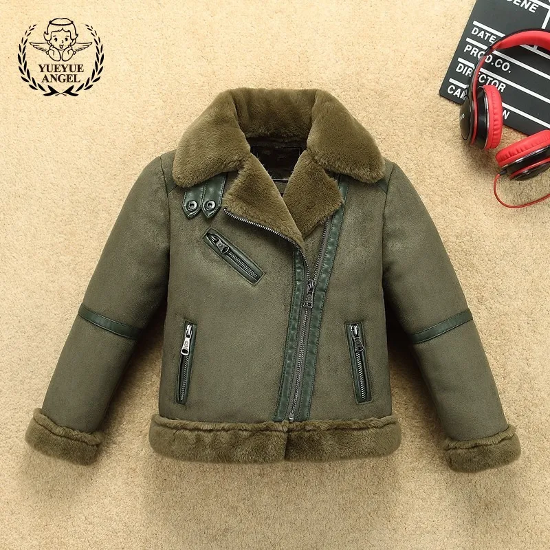 

Winter ArmyGreen Boys Jacket Girls Baby Fleece Lining Thicken Deerskin Coat Boy Girl Outerwear Fashion Side Zipper Coats Student
