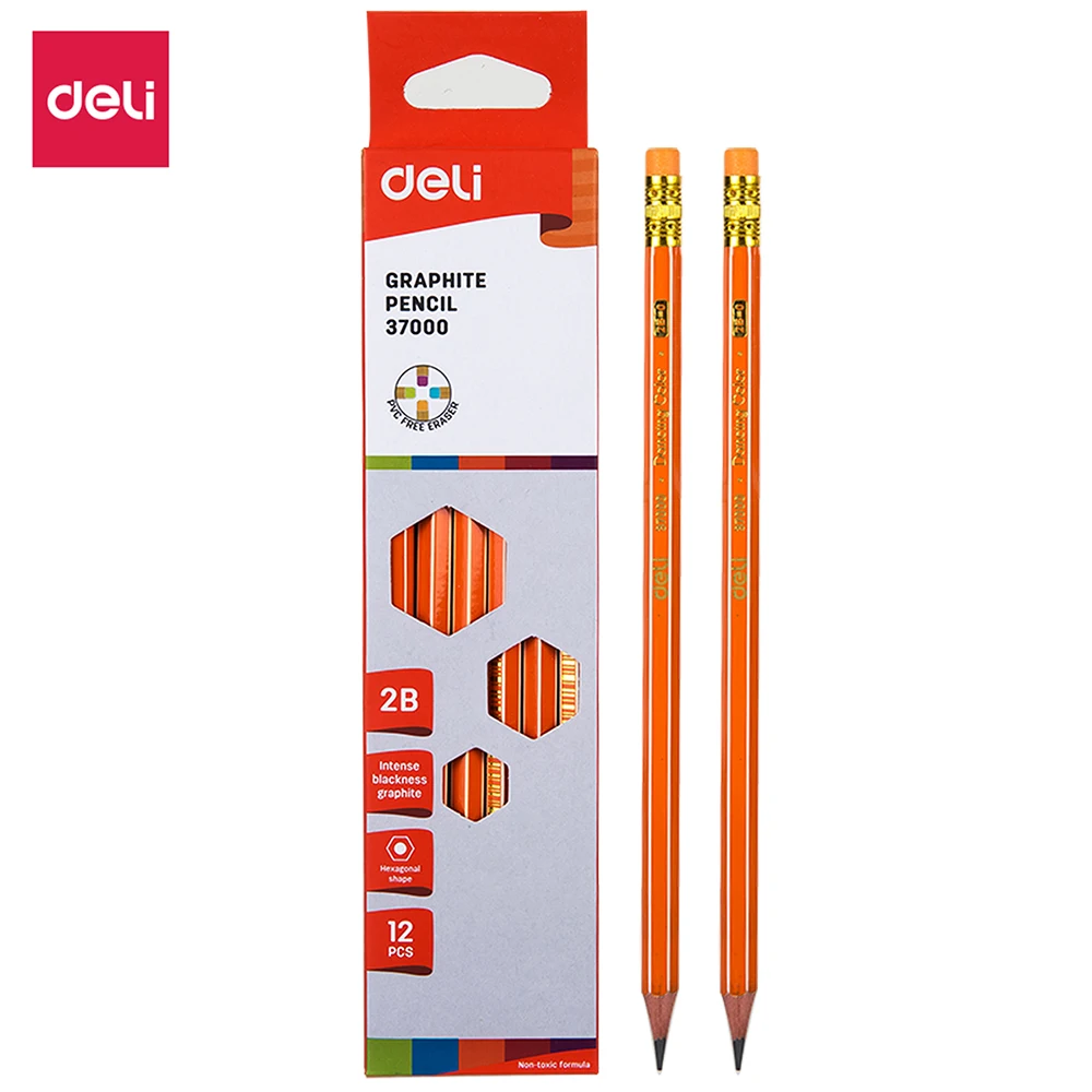 

Deli Graphite Pencil 2B w/eraser 12pcs /box Poplar graphite clay 8*188mm Student Pencil E37000