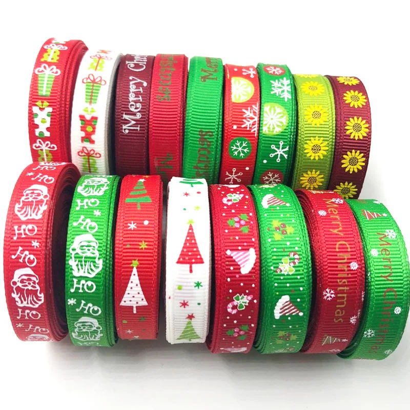 

(5 meters/lot) 3/8'' (10mm) White,Green,Red Random 17 styles Printing Grosgrain Satin Ribbons Christmas Decoration