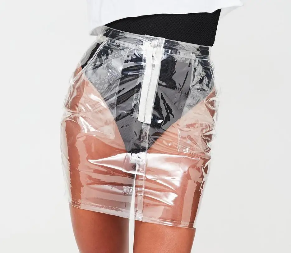 Прозрачные женские юбки, женские сексуальные Облегающие юбки-карандаш на молнии из ПВХ, мини-короткая юбка с высокой талией - Цвет: Transparent