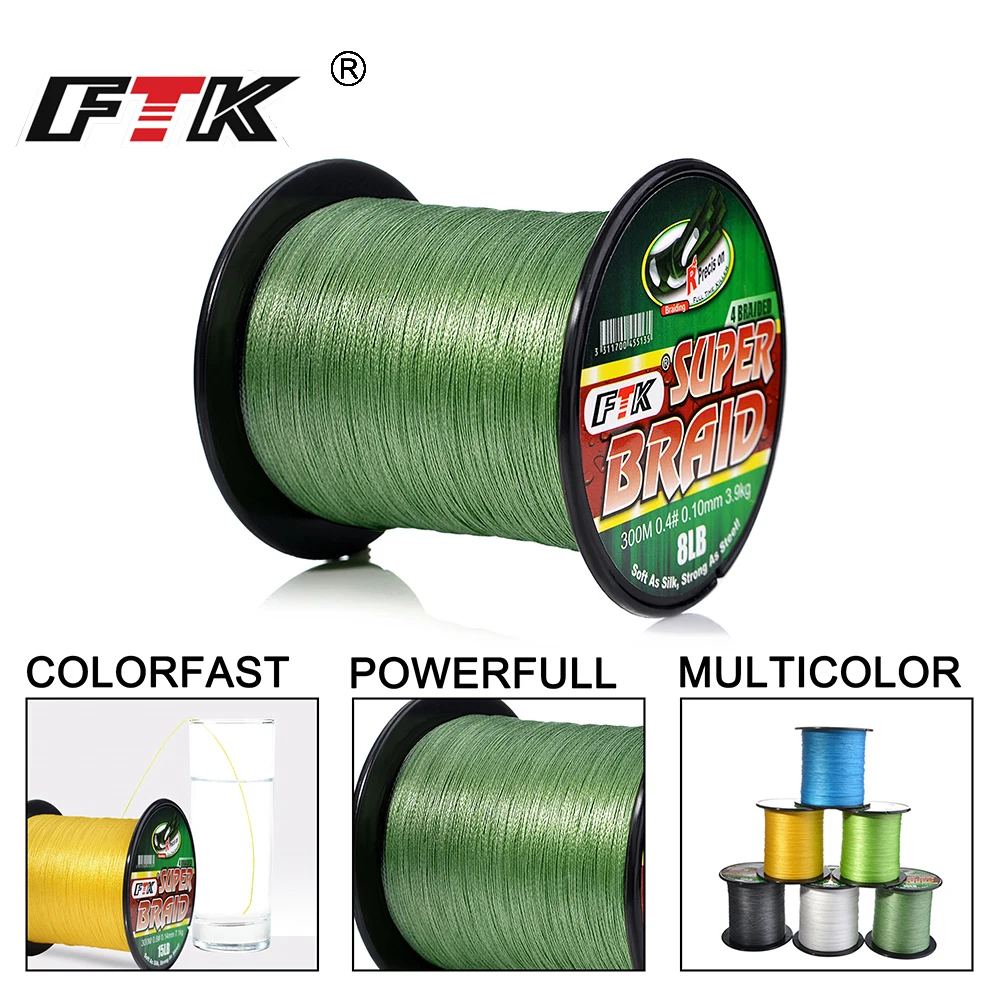 FTK Braided Wire 300M PE Braided Fishing Line 0.4-6.0 Code 4 Strands 8LB 10LB 20LB 60LB PE Braided Multifilament Fishing Line 4