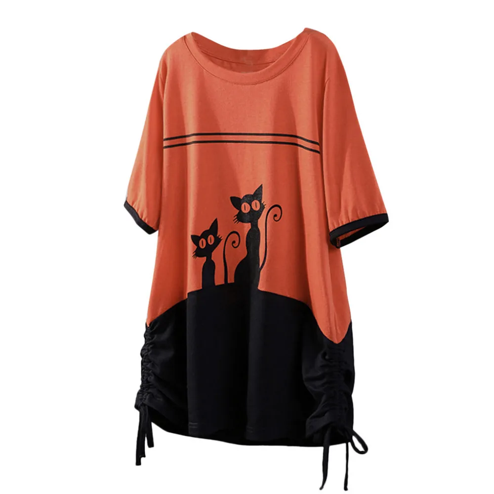 Camiseta mujer talla grande, большие размеры, женская вышитая блузка с короткими рукавами и принтом кота, блузка с кулиской, футболка с рисунком животных из мультфильмов