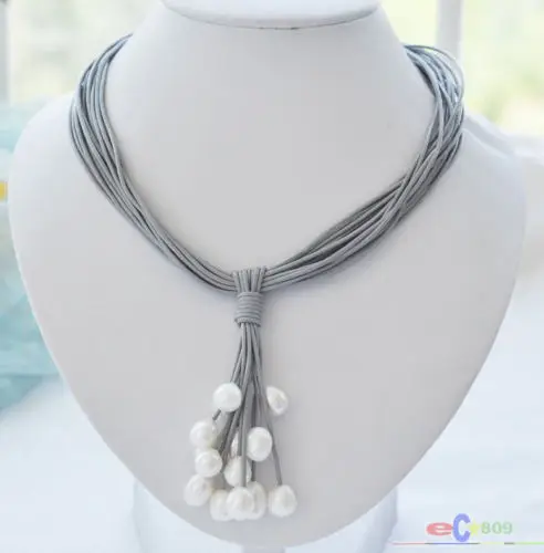 

Hot sale new Style >>>>> 15row 17" 13mm white rice pearl gray leather grape necklace