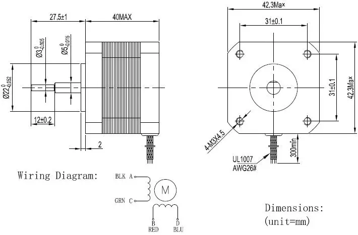 NEMA17 42mm 2 Phase 4 Wire Stepper Motor Brushless Motor 3mm Shaft 1.7A