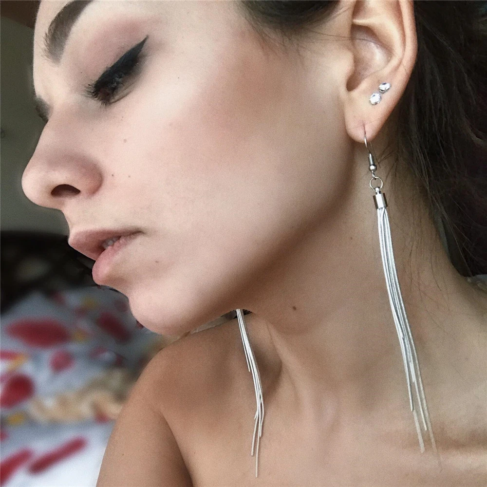 925 Sterling Silver Long Tassel Dangle Earrings Sexy Women Wedding Drop