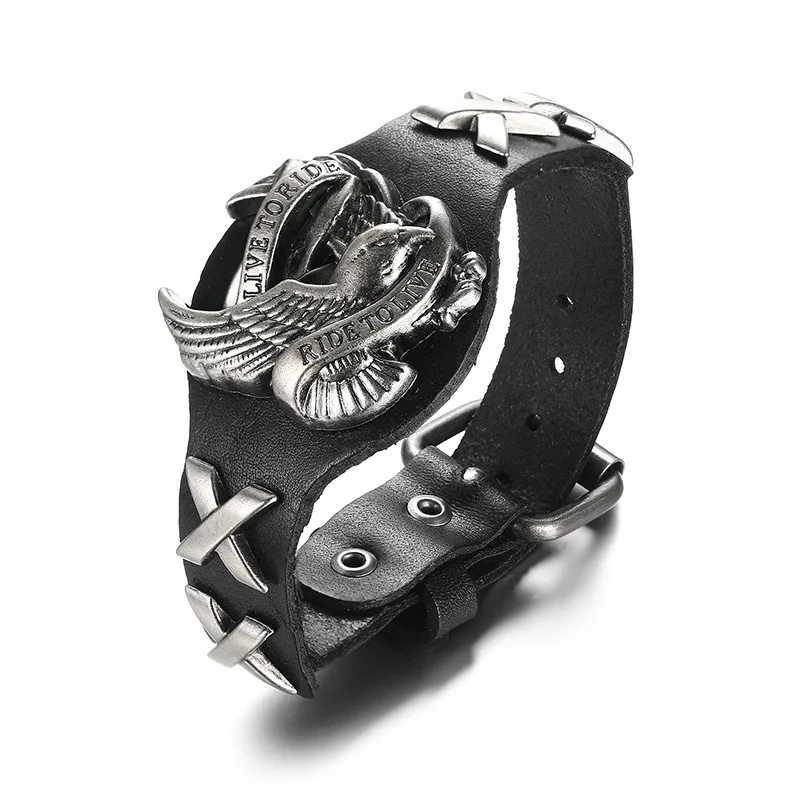 Кожаный байкерский браслет для мужчин в стиле 60-х, Регулируемый мужской браслет в стиле хип-хоп - Окраска металла: BL-379B