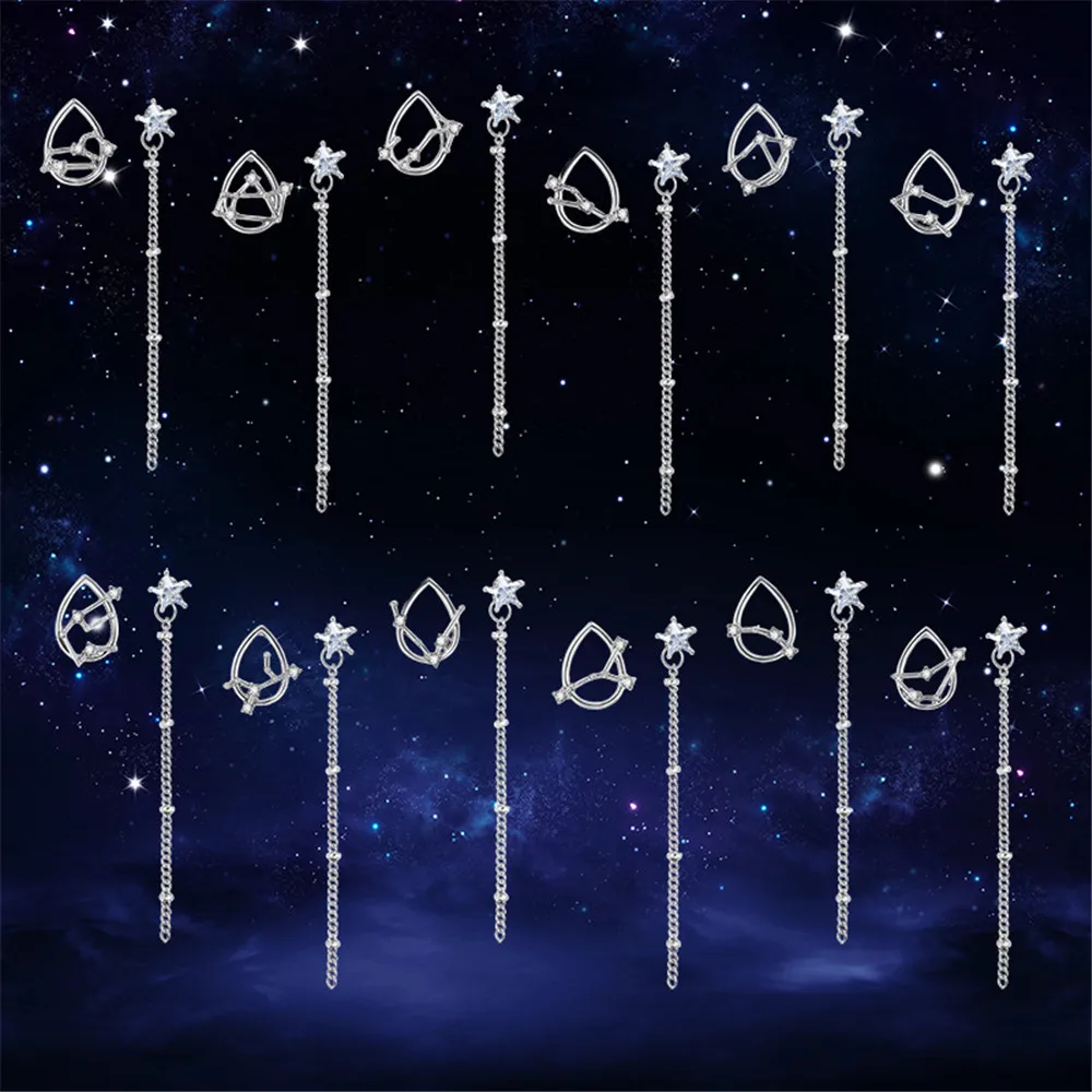 

SexeMara New Simple Long and Short Dangle Earrings Fashion Women Party 12 Constellations Asymmetric Tassel Rhinestone Earrings