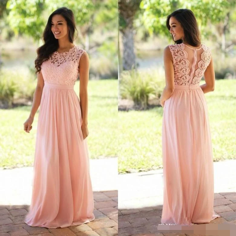 

Elegant Lace Coral Bridesmaid Dresses 2019 Jewel Sleeveless Wedding Guest Dress Zipper Chiffon Cheap Formal Maid of Honor Gown