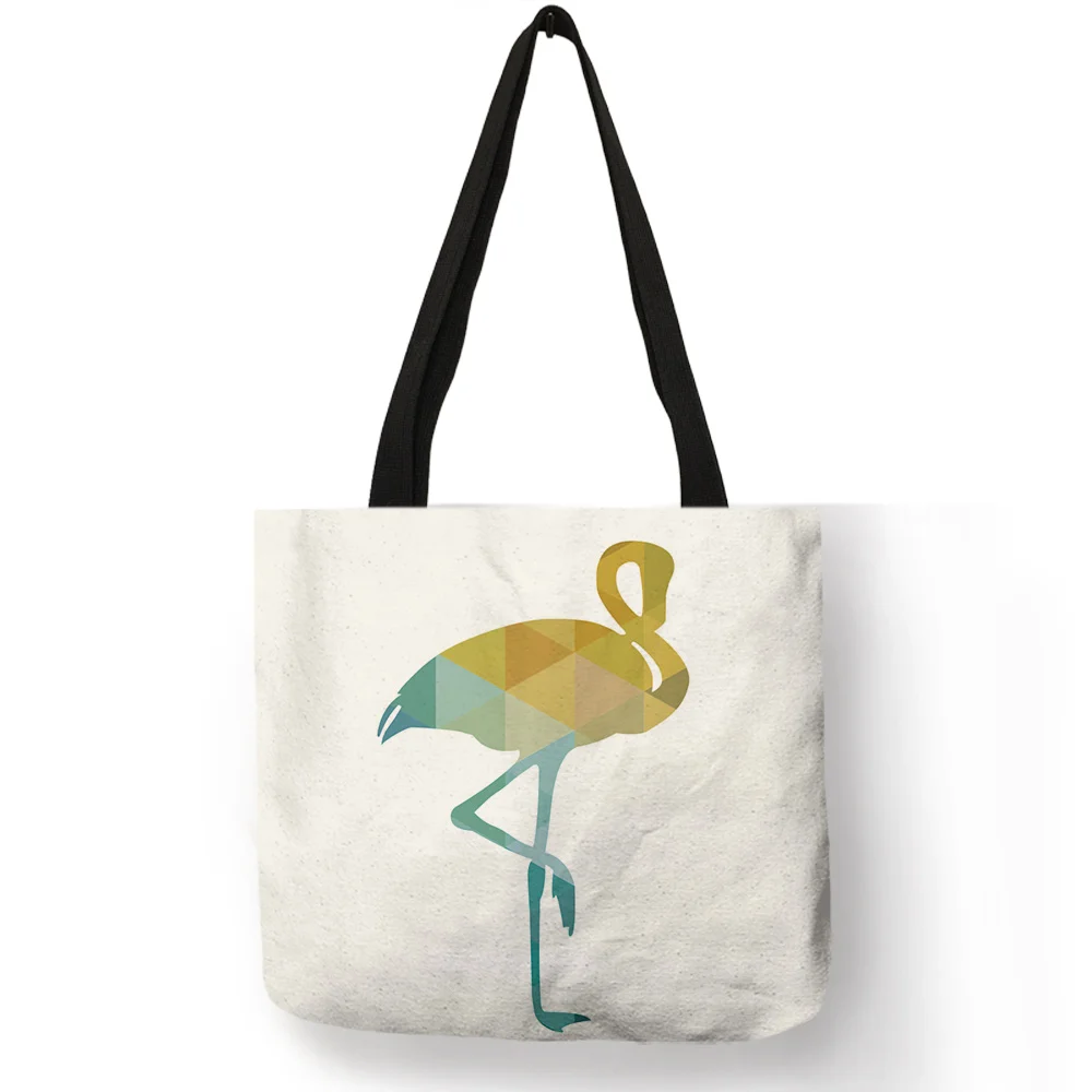 

Funny Geometric Animal Pattern Shoulder Bag Flamingo Elephant Bird Printed Eco Linen Foldable Storage Bag Daily Casual Tote Bags