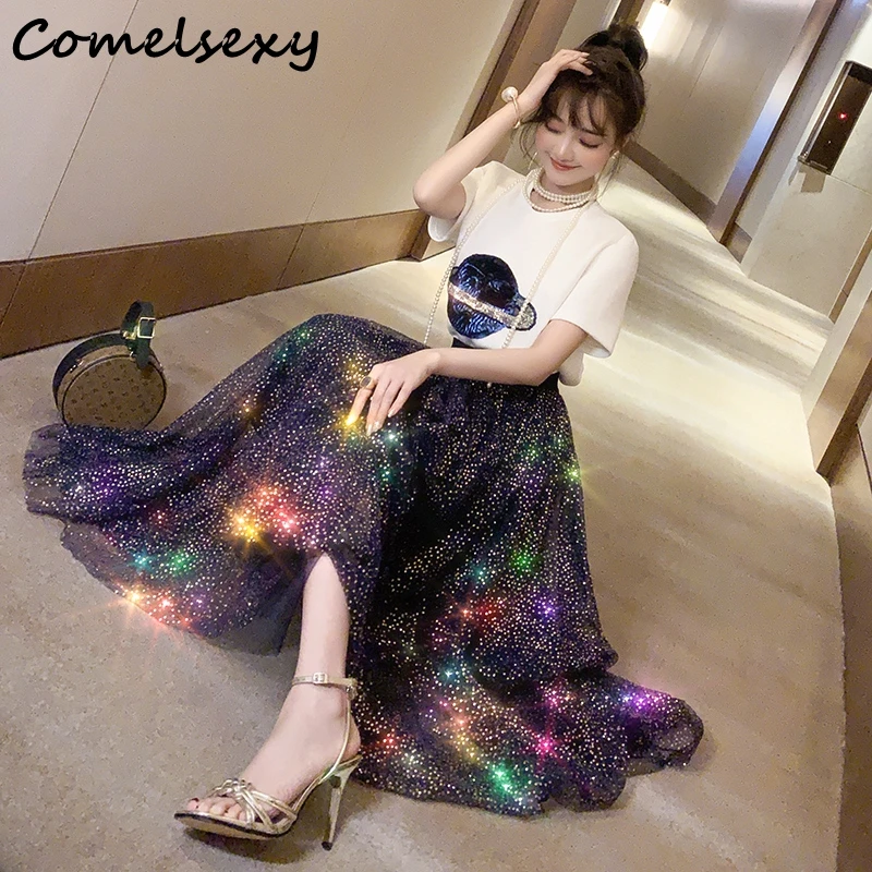

2019 New Summer Ladies Skirt Suits Women's Short Sleeve Sequined Planet T-shirt + Elastic Waist Mesh Sequins Skirt Two Piece