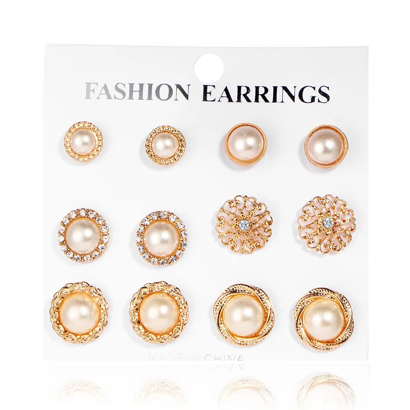 

6 Pairs/Set Earrings Fashion Elegant Shiny Gold Color Heart&Crystal&Pearl&Flowers Stud Earrings Cute Earring Sets For Women