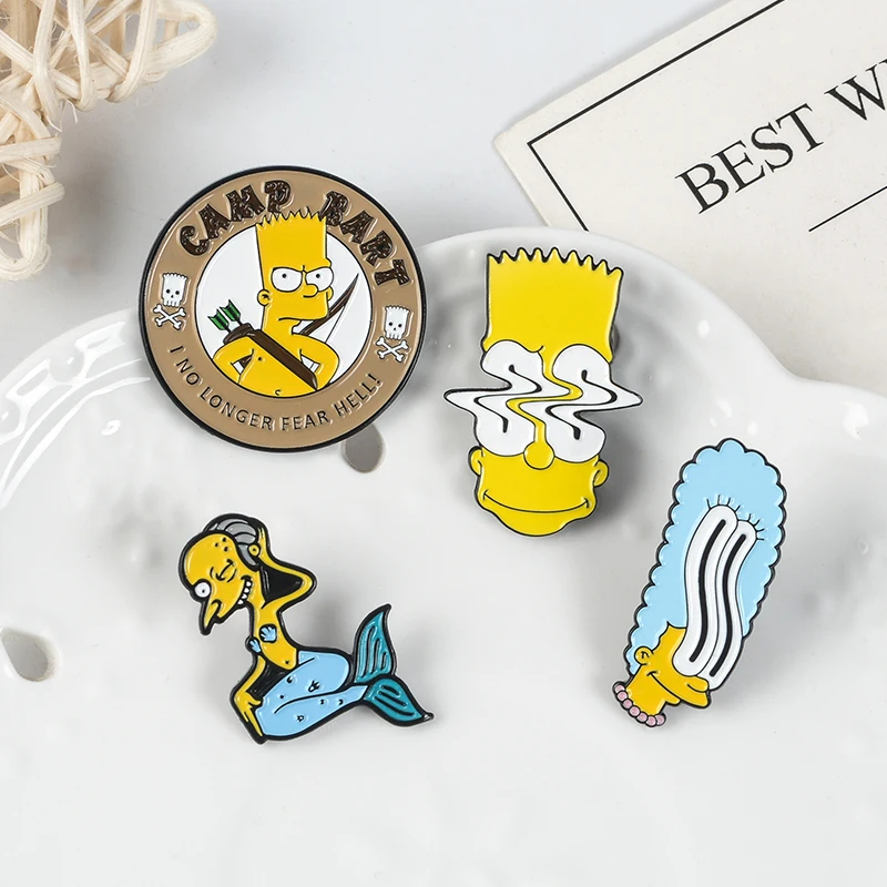 

Simpson enamel Pins Cartoon Marge Simpson Hunter Mermaid Peculiar Eyes Lapel Brooches Cute Badge Jewelry Childhood Good memories