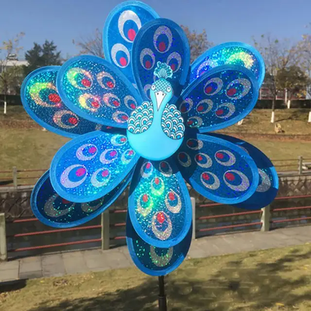 Cheap Double Layer Peacock Laser Sequins Windmill Colourful Wind Spinner Home Garden Decor Yard