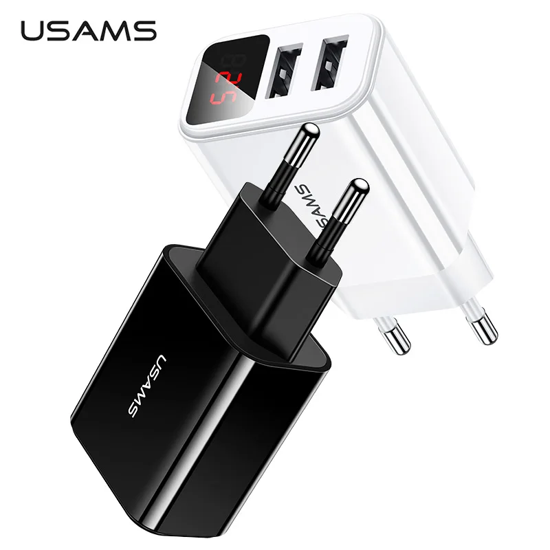 USAMS 2 USB ЕС светодиодный дисплей USB зарядное устройство для iPhone samsung Xiaomi 2.1A Быстрая зарядка настенное зарядное устройство с двумя портами зарядное устройство для мобильного телефона