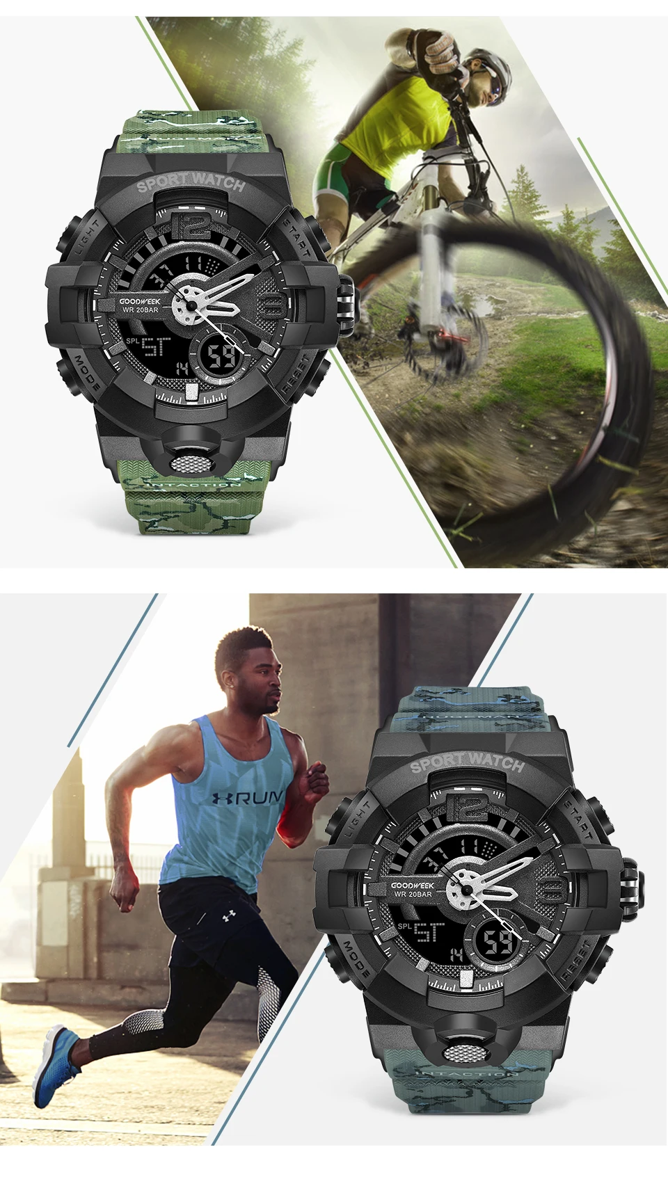 GOODWEEK мужские спортивные часы водонепроницаемые армейские камуфляжные противоударные часы многофункциональные часы с двойным дисплеем Relogio Masculino