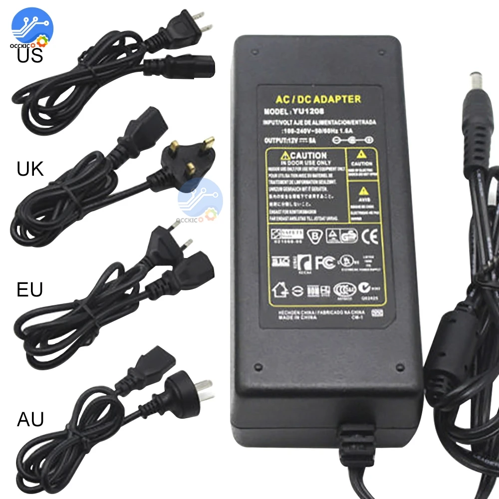 

1pcs 100-240V AC to DC Power Adapter Supply Charger Adapter Output 12V/5A AU/EU/US/UK Plug DC Adapter for LED String Light