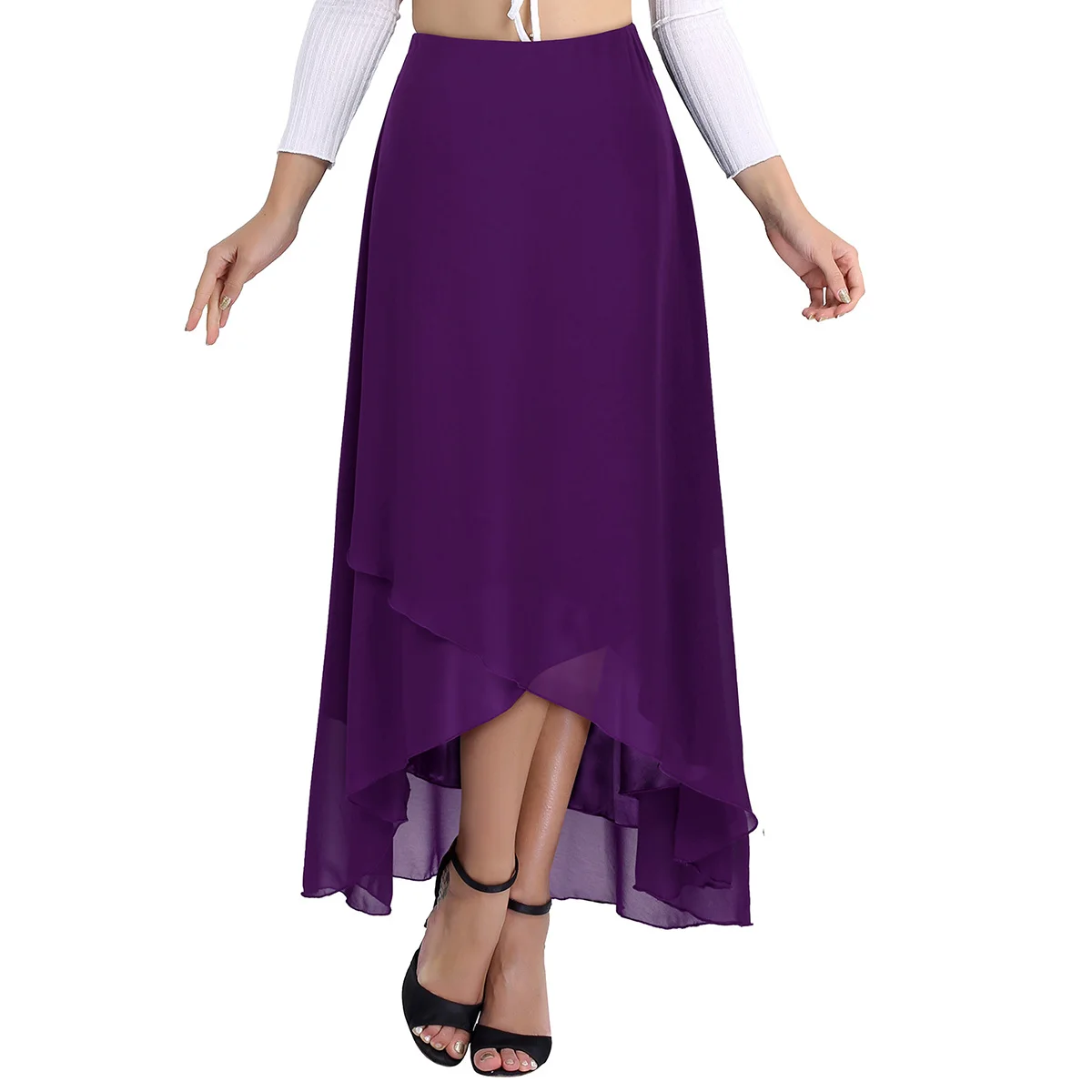 Элегантный Высокая Талия неровный подол бальное для занятий одежда Для женщин длинное, шифоновое юбка современный этап лирические танцевальные костюмы