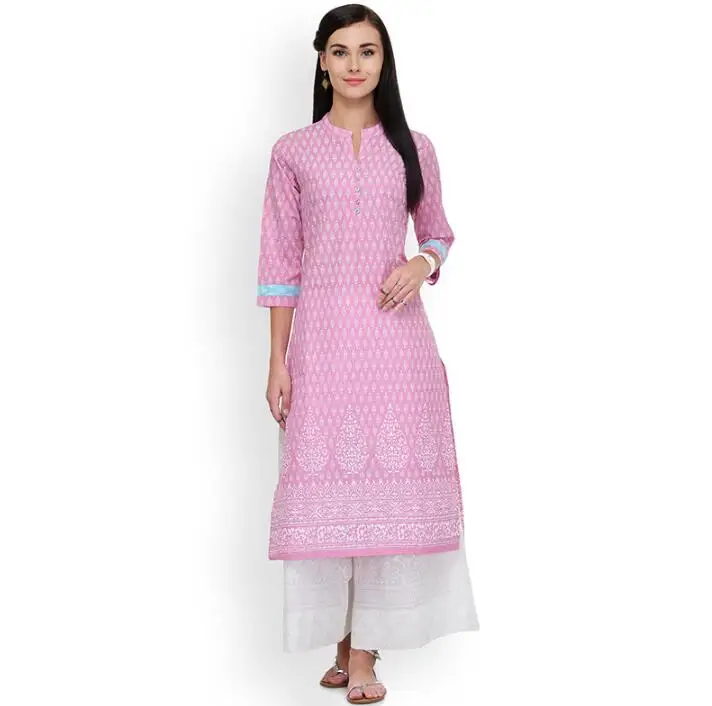 

2019 New Style India Fashion Woman Ethnic Styles Printing Costume Cotton Top Spring Summer Pink Dress Beautiful Lady Long Top