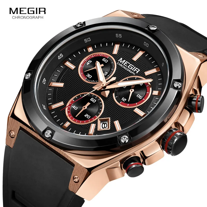 Megir, силиконовый ремешок, военные кварцевые часы, мужские наручные часы с хронографом, 24 часа, дисплей, армейские спортивные часы, розовое золото 2073-1N0
