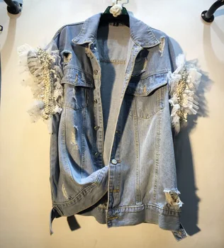 

New Spring Summer All-match Women Outwear Mesh Beading Sleevelss Denim Jackets Back Hole Casual Students Denim Coats Vests