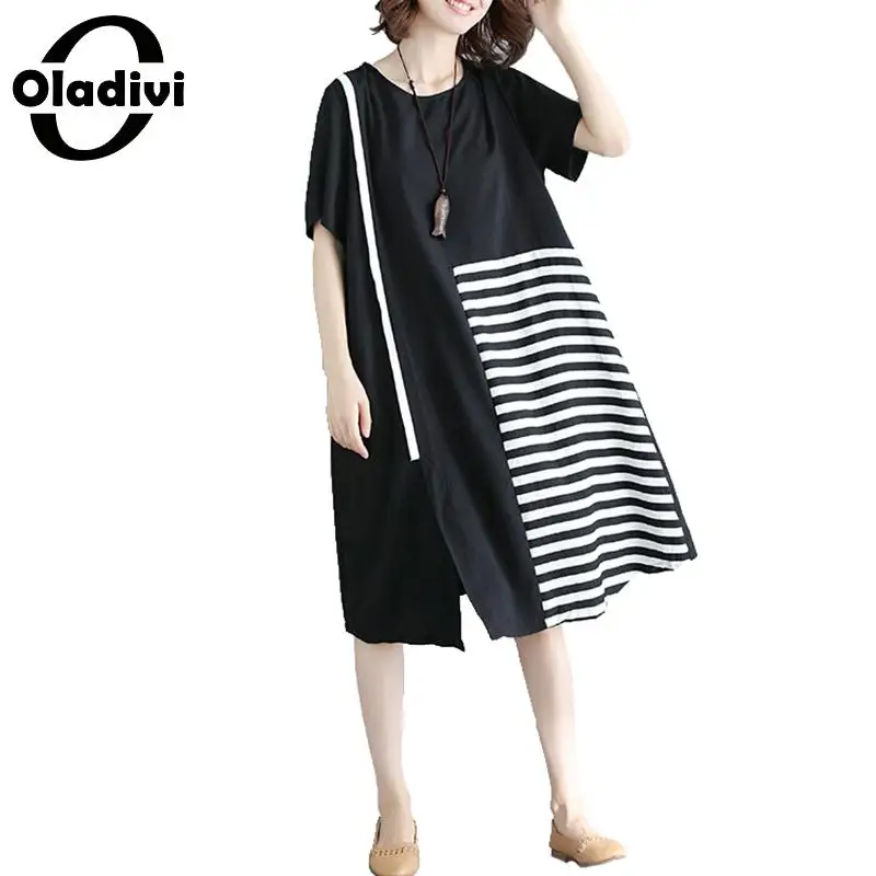 

Oladivi Plus Size Women Apparel Fashion Striped Short Sleeve Midi Dress Summer 2019 New Patchwork Casual Dresses Female Vestidos