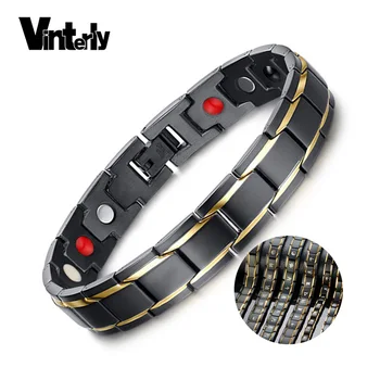 

Vinterly Mens Black Bracelet Gold Color Health Energy Germanium Stainless Steel Bracelet Male Magnetic Bracelets for Men Jewelry